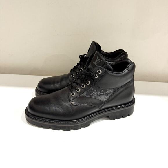 Louis Vuitton Leather/Damier Ebene Canvas Oberkampf High Top Combat Boot Black 7 - Picture 2 of 7
